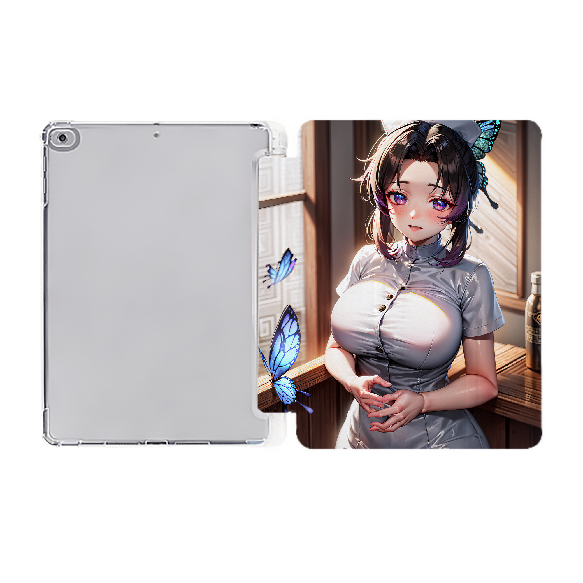 （画像用） 鬼滅の刃（きめつのやいば）蟲柱-胡蝶 しのぶ／こちょう しのぶ Kochou Shinobu IPad ケース ペン収納付き 三つ折りスタンド PUレザー×シリコン 対応機種9.5/10.5/10.9インチ